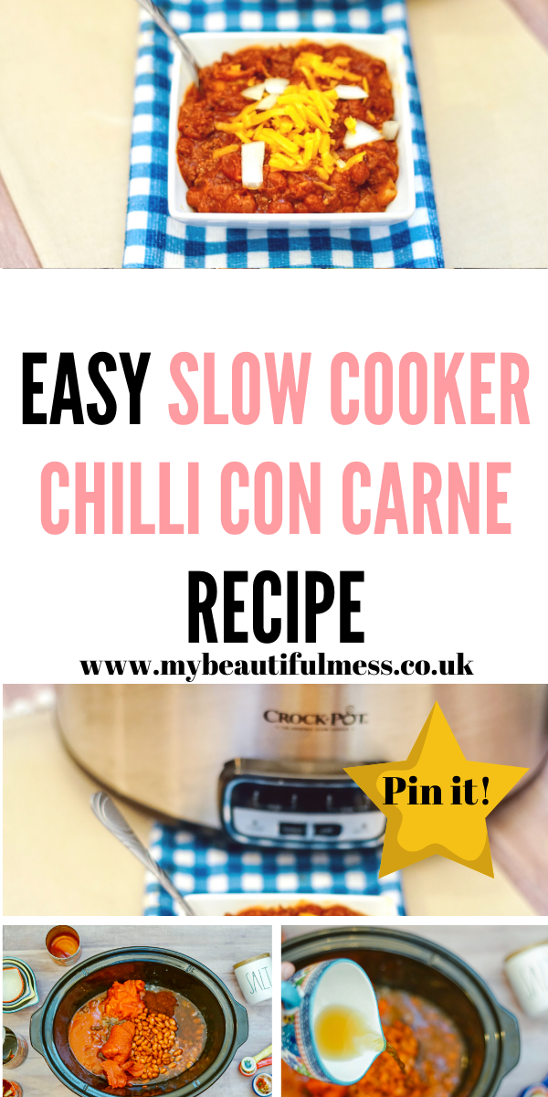 This is an easy slow cooker chilli con carne recipe that can be made quickly and frozen as leftovers by Laura at My Beautiful Mess #SlowCooker #Chilli #Crockpot #BudgetMeals #Familyfood #dinner